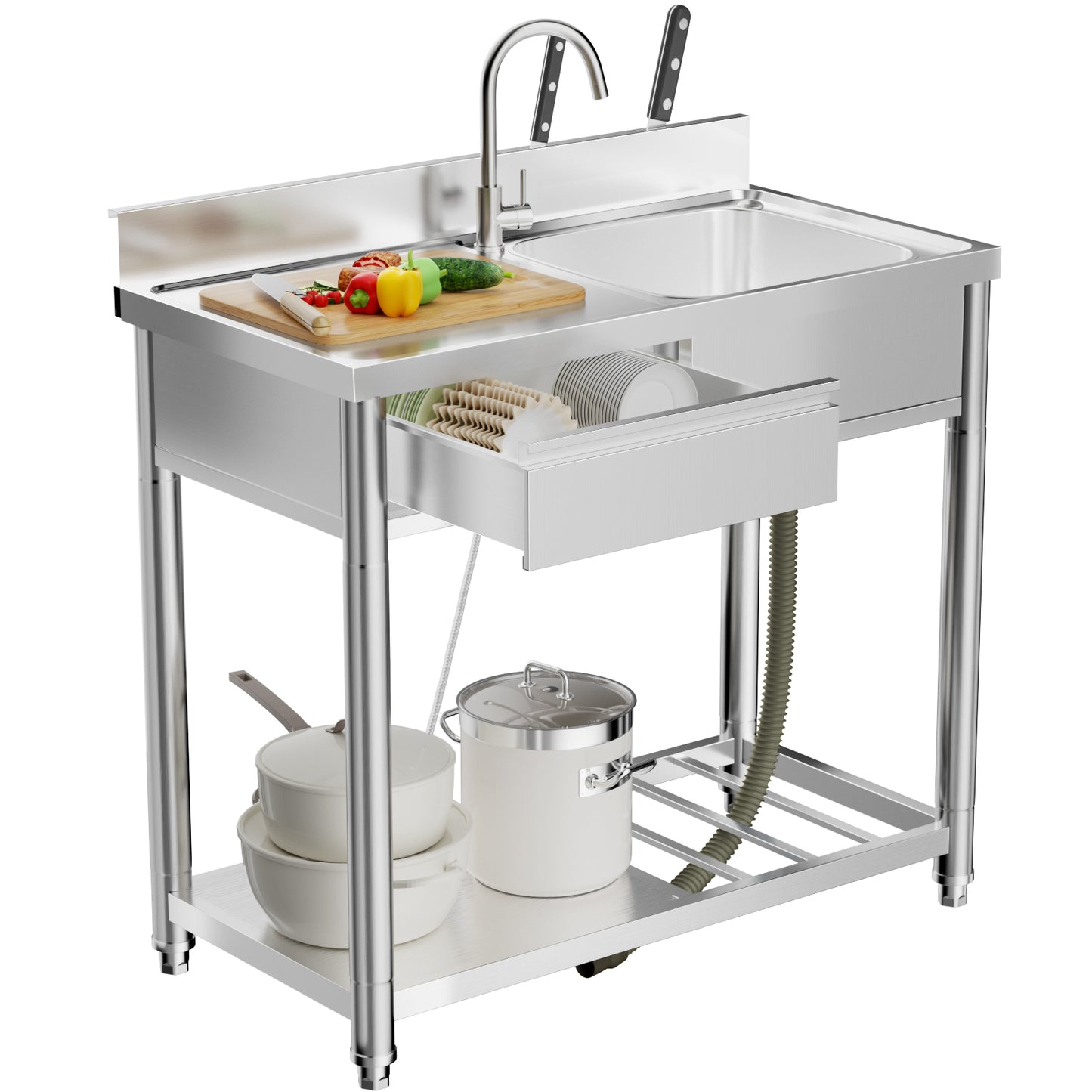 304 Stainless Steel Outdoor Utility Sink With Workbench & Storage Shelf, Freestanding Prep Table With Left Drawer, 39in Garden Patio Sink Station With 360degree Hot & Cold Water Faucet