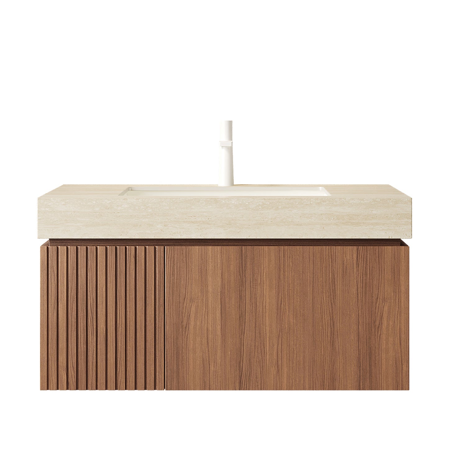 MURI 36 Bathroom Vanity&Sink, Floating Plywood Storage Cabinet With Drawer&Door, Roma Travertine Sintered Stone Top&Ceramic Basin With 1 Pre-drilled Faucet Hole, Pre-assembled, Brown Oak Woodgrain