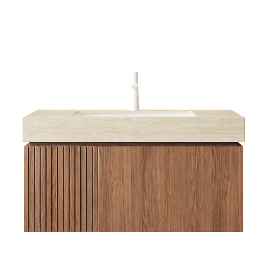 MURI 36 Bathroom Vanity&Sink, Floating Plywood Storage Cabinet With Drawer&Door, Roma Travertine Sintered Stone Top&Ceramic Basin With 1 Pre-drilled Faucet Hole, Pre-assembled, Brown Oak Woodgrain