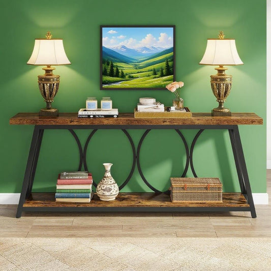 Extra Long Console Table, Industrial Sofa Table Behind Couch With 2 Tier Storage Shelf