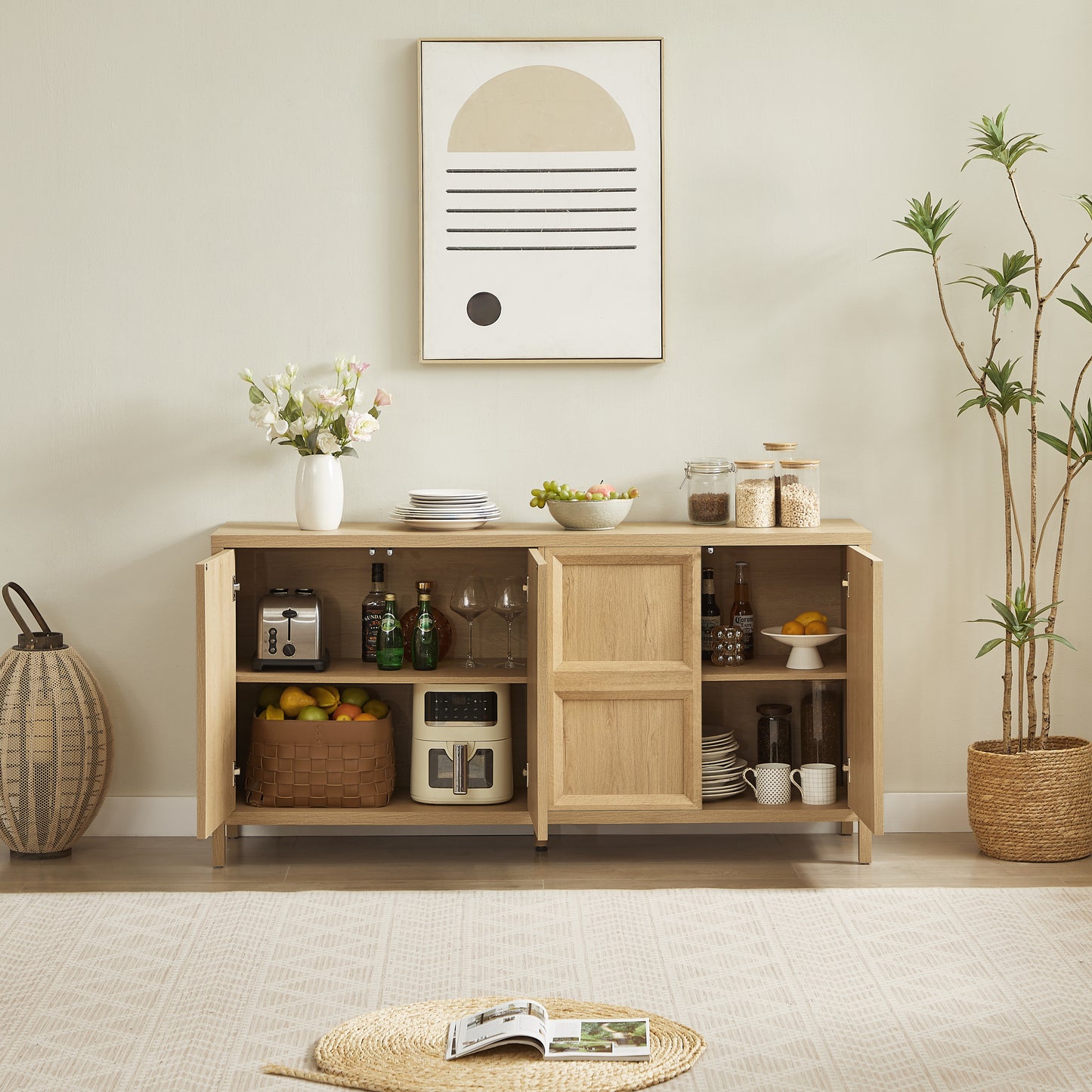 67 Modern Sideboard Storage Cabinet With Tip-on Opening, Soft-close Hinges, And Tilt-proof Wall Mount, Bedroom Dresser Oak.