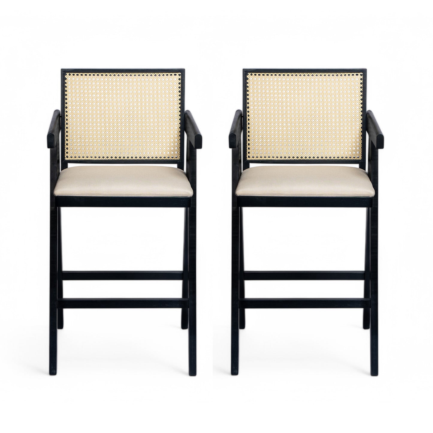 27 Height, Cream Grey Woven Cane Plastic Backrest Bar Stool - Foam-Padded Fabric Seat & Durable Rubberwood Frame