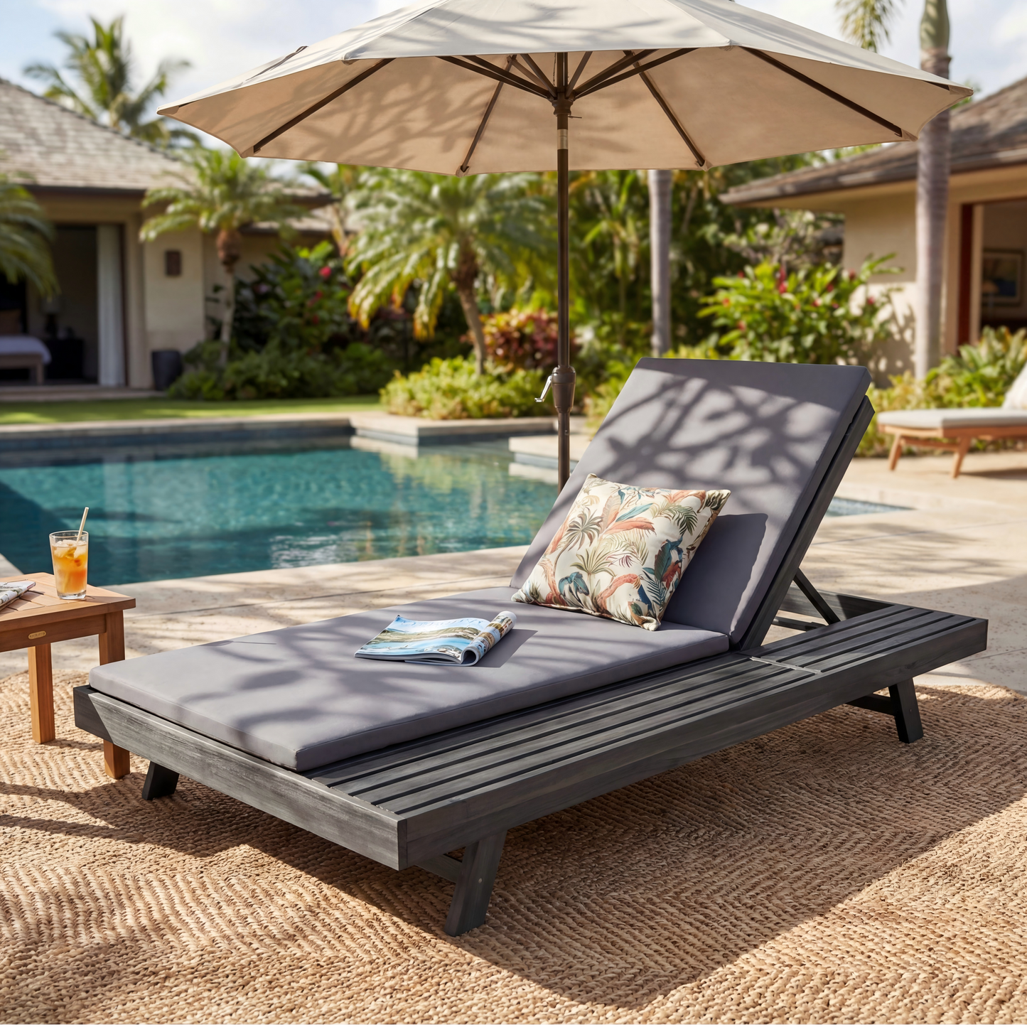 Lounge Chaise Set, Space Available On One Side, Acacia Wood In Black With Water-Resistant Lounge Cushions  Dark Grey & 2 Inch Thick  -Matching Cream Leaf Coconut Version Available