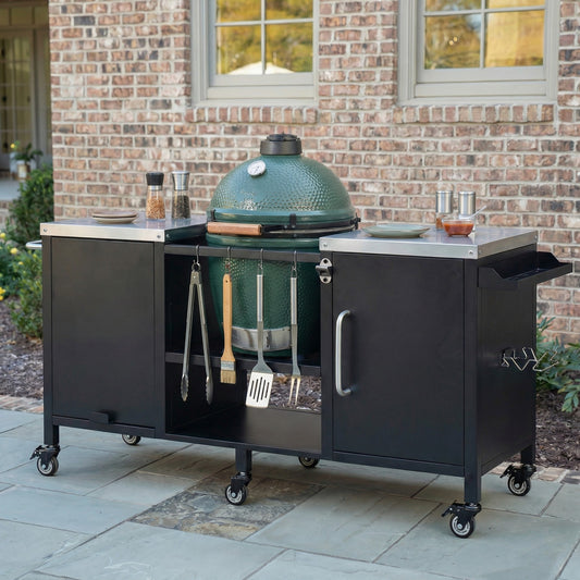 K&K 72.4 Large Grill Table For Large Big Green Egg, Metal Outdoor Grill Cart With Fold-out Prep Table, Adjustable Shelves, Spice Rack, Outdoor Kitchen Island For Big Green Egg, Kamado Joe Classic