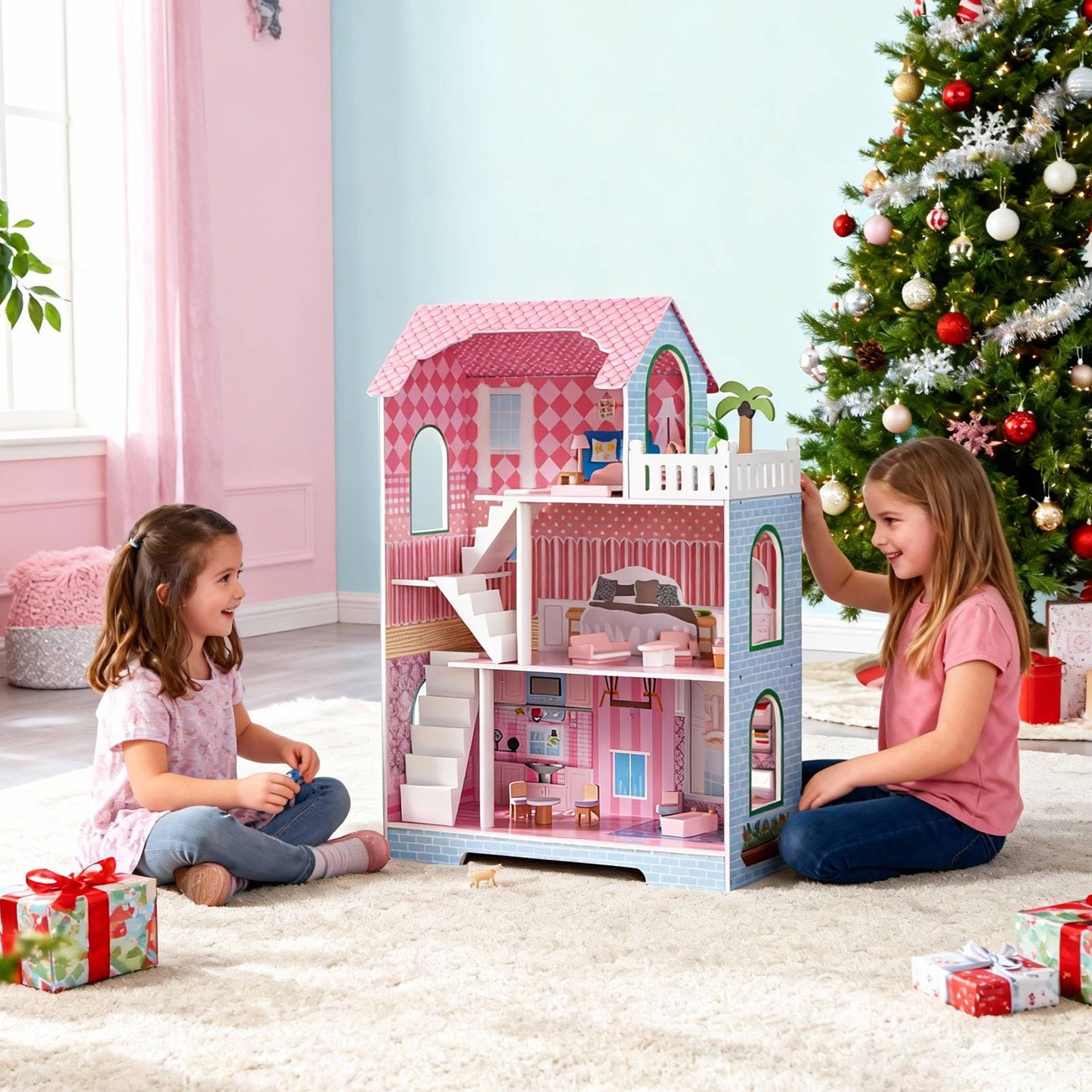 3 Tier Kids Dollhouse With Roof Window And Furniture Wooden Mini Doll House Playhouse For 3 Years Old And Above
