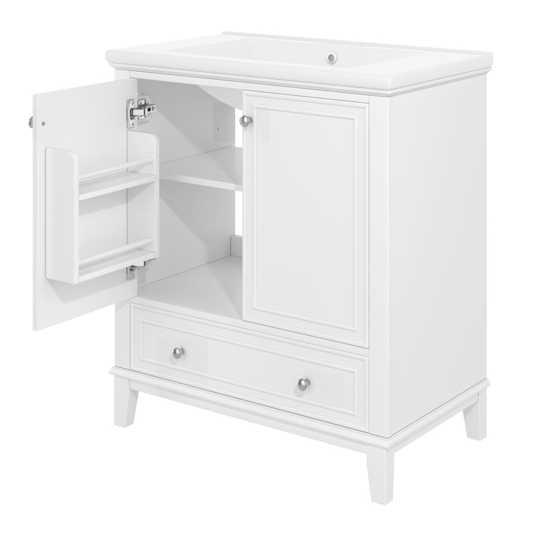 30 Bathroom Vanity With Sink Combo, Multi-functional Bathroom Cabinet With Doors And Drawer, Solid Frame And MDF Board, White