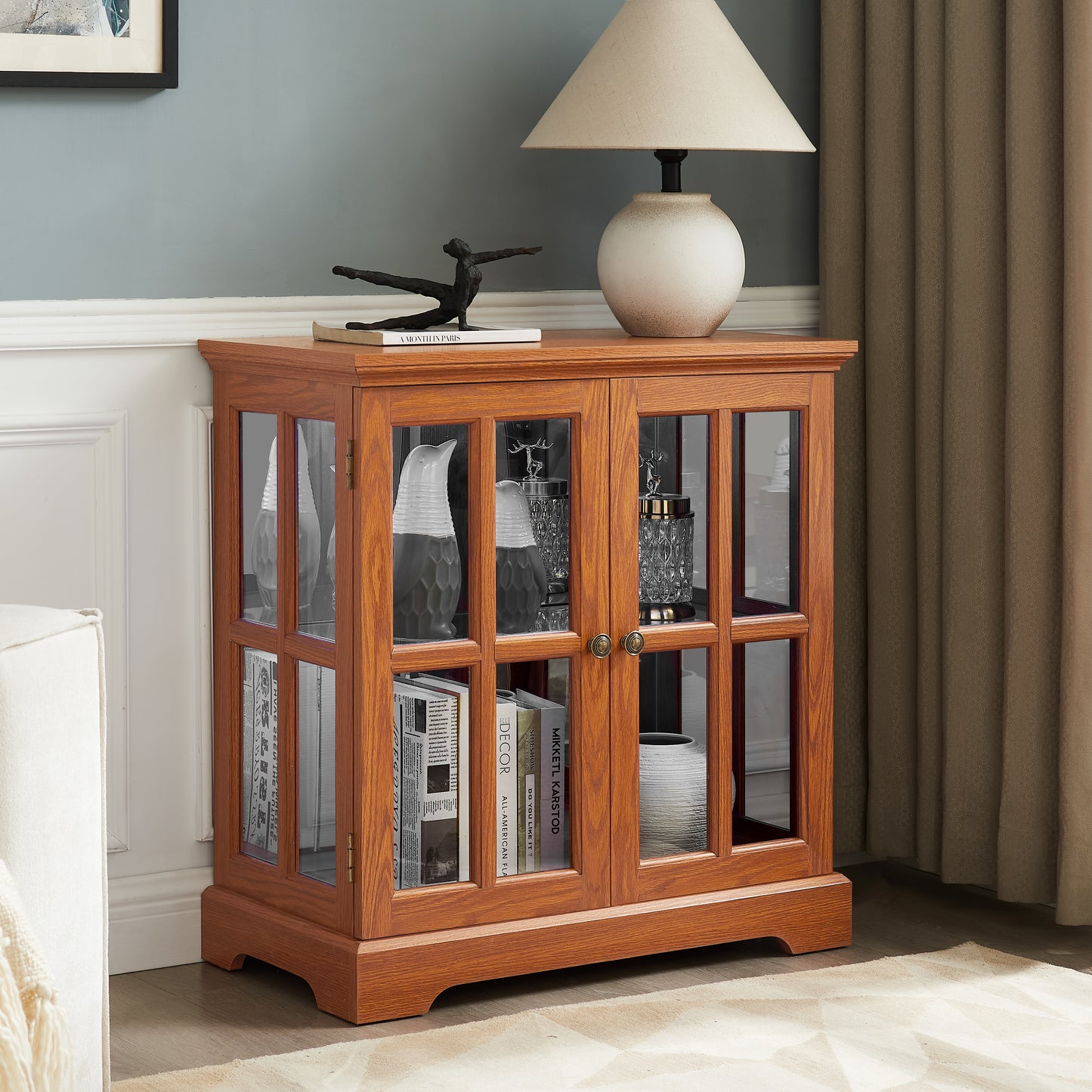 LED Curio Display Cabinet,Antique Display Cabinet With Adjustable Shelves,Retro Design Quality Showcase With Lattice Doors Elegant Bookcase And Storage Cabinet For Home Decor And Organization DARK OAK