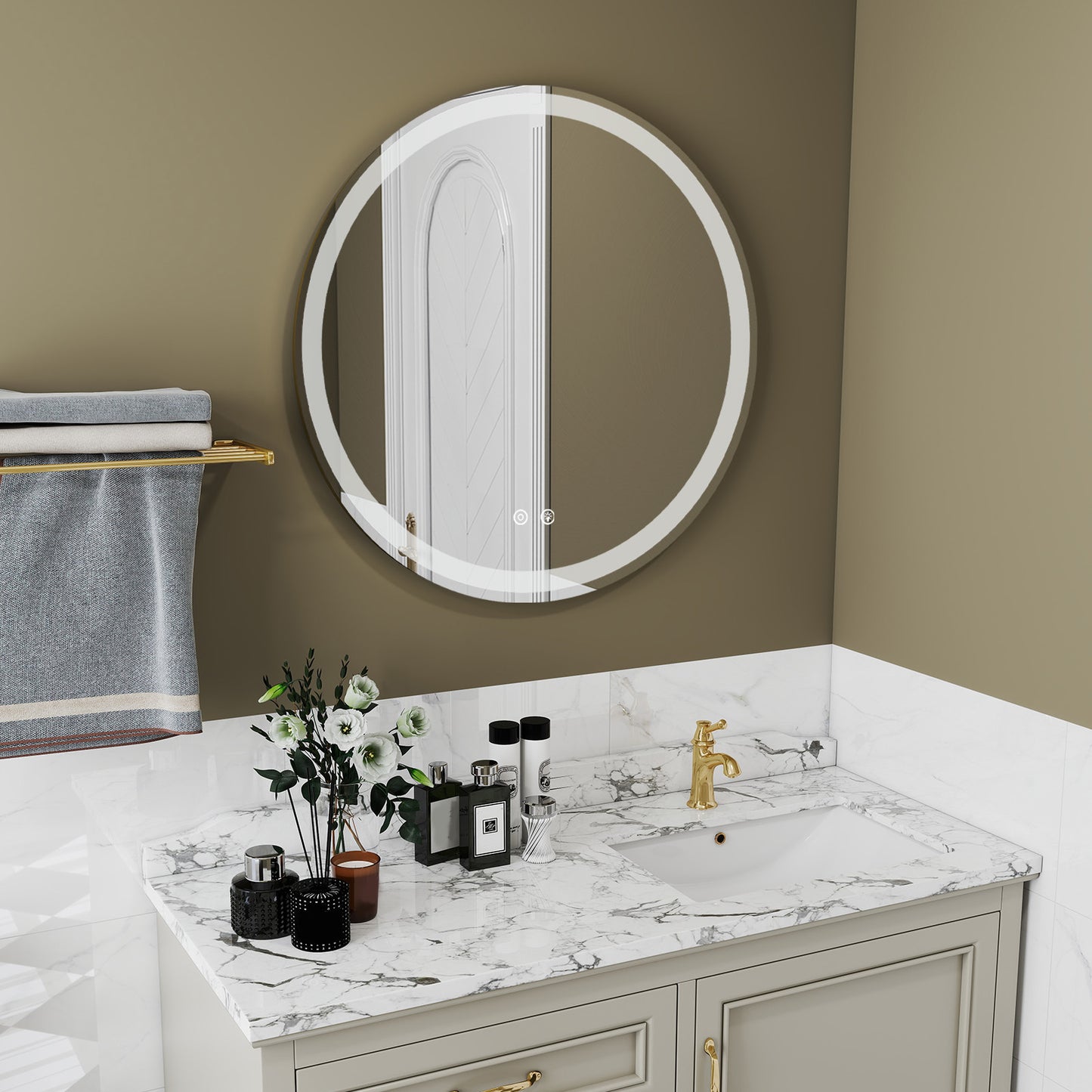 Smart Anti-fog LED Bathroom Mirror With Circular Dual Lights And 3-color Temperature Memory Dimming
