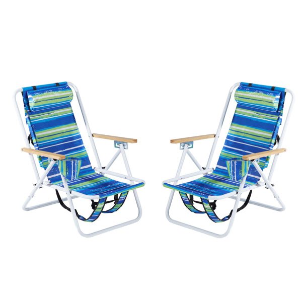2 Pieces, Seat Height 7.9in, Width 17.7in, Depth 17.3in, Blue-green Horizontal Stripes Pattern, Iron Beach Chair, Steel Tube, Oxford Fabric, 120kg, 4-level Adjustment