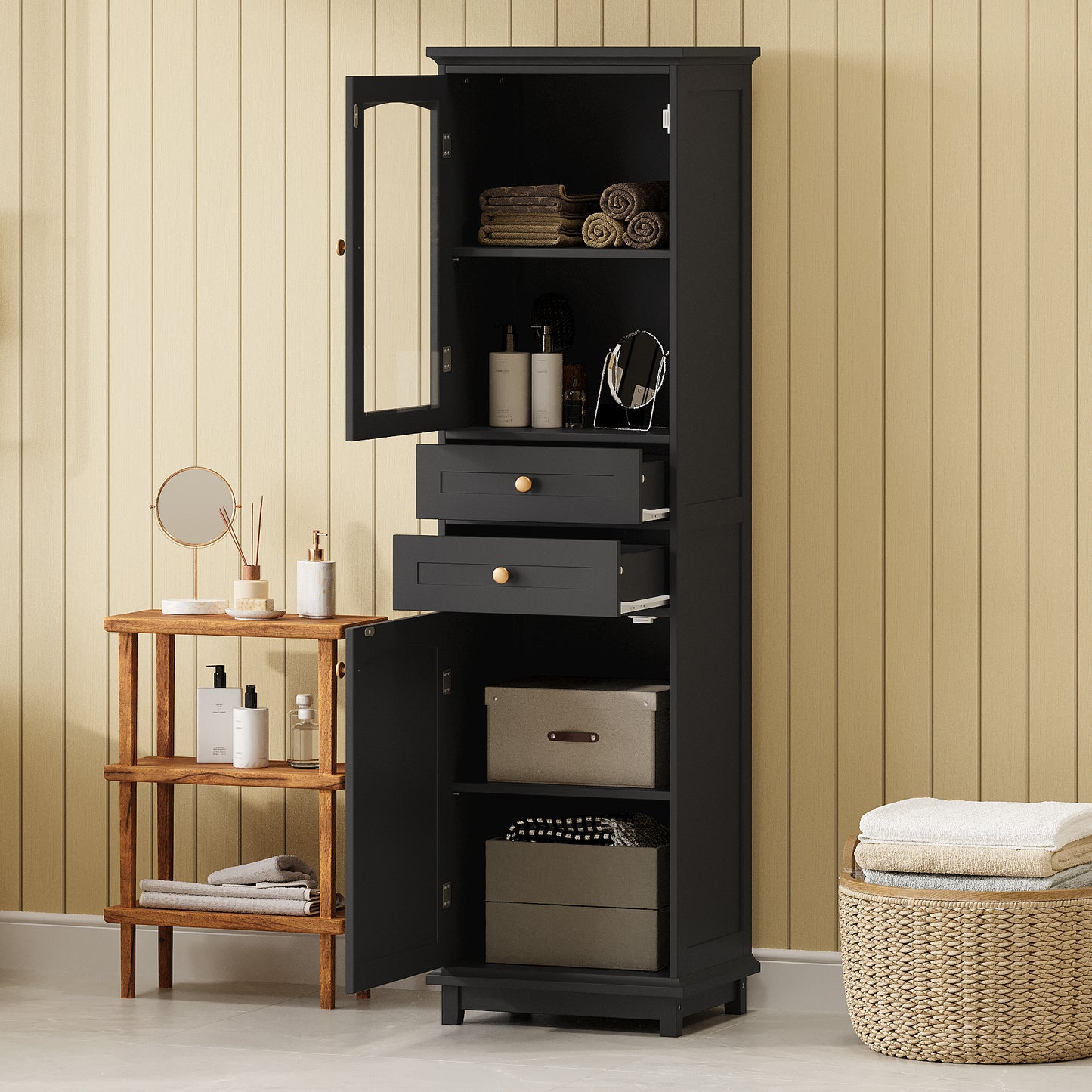 63  Tall Bathroom Storage Cabinet With Glass Doors, Free-Standing, Two Drawers, And Adjustable Shelves, MDF Board, Painted Black - Perfect For Displaying Your Favorite Items