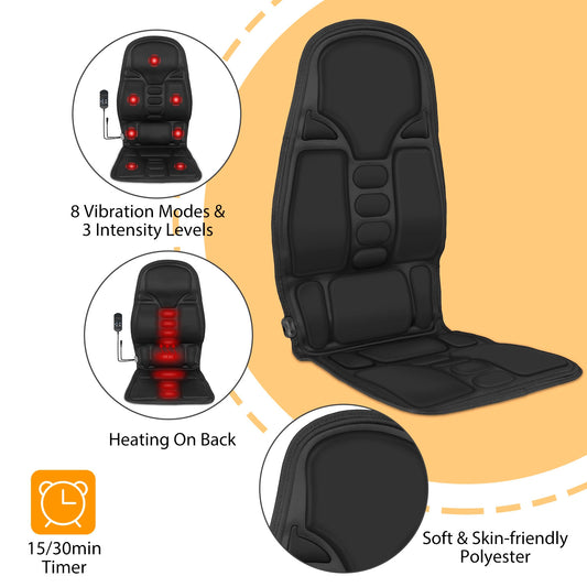 Back Massager Cushion Electric Massage Car Seat Cushion Chair Pad W Heating Function 8 Vibration Modes 3 Intensity Levels