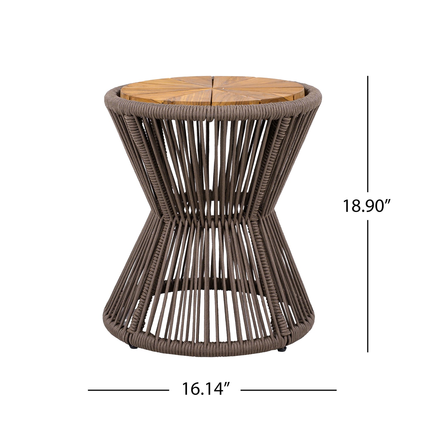 Outdoor Side Table, Dark Grey Rope & Acacia Wood, 18.90  Height, 16.14  Diameter, Elegant Hourglass Design, Weather Resistant, For Patio, Deck, Garden, Balcony, Modern Minimalist Style