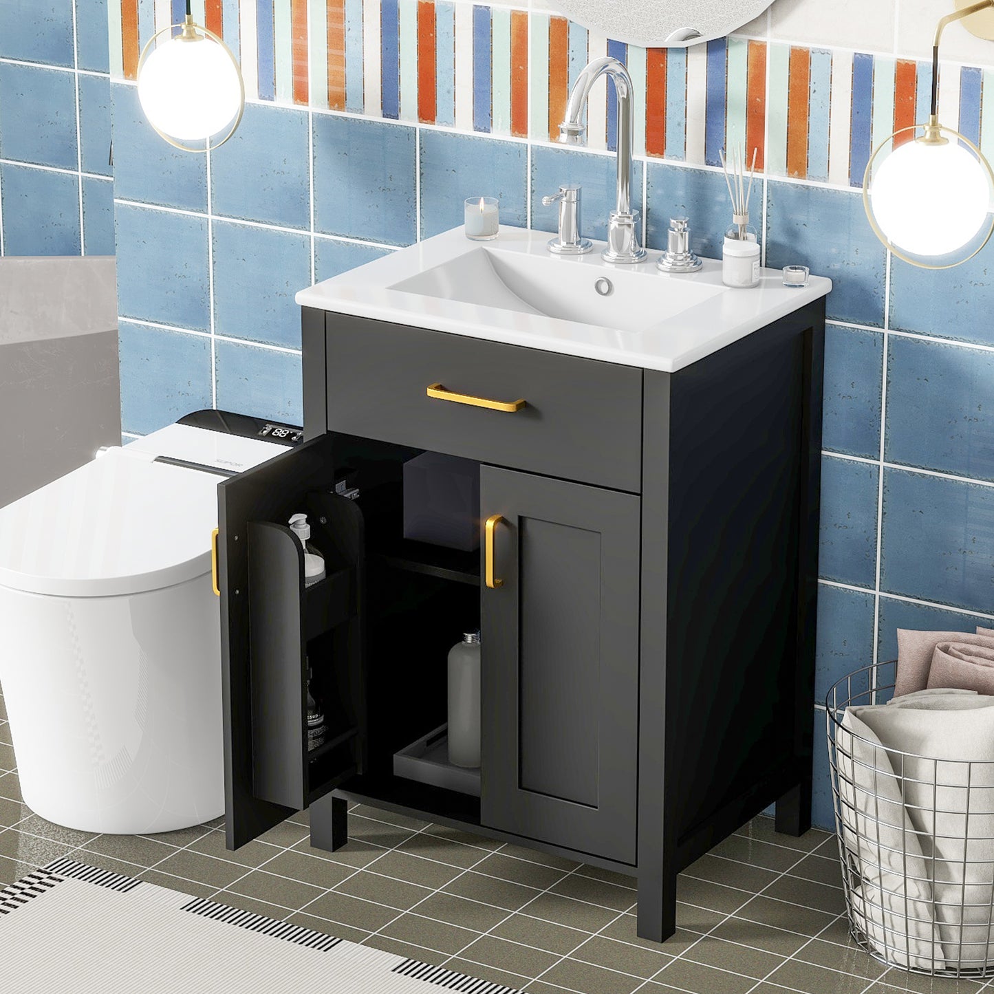 24 Bathroom Vanity Combo With Ceramic Sink, Luxurious Space-Saving Vanity - W24 XD18 XH34 Inch, 2 Soft Close Doors