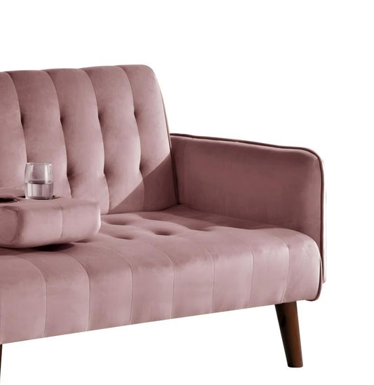 72   Sleeper Sofa Bed - Convertible Folding Backrest To Full Bed With Cup Holder & Drop-Down Table - Space Saving Linen Sofa For Small Spaces - Easy Assembly, Pink