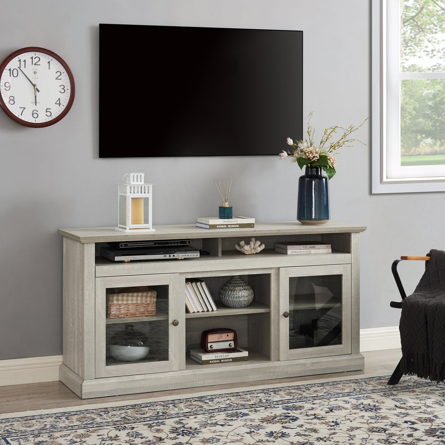 Contemporary TV Media Stand Modern Entertainment Console For TV Up To 65  With Open And Closed Storage Space, Stone Gray, 60 Wx15.75 Dx29 H