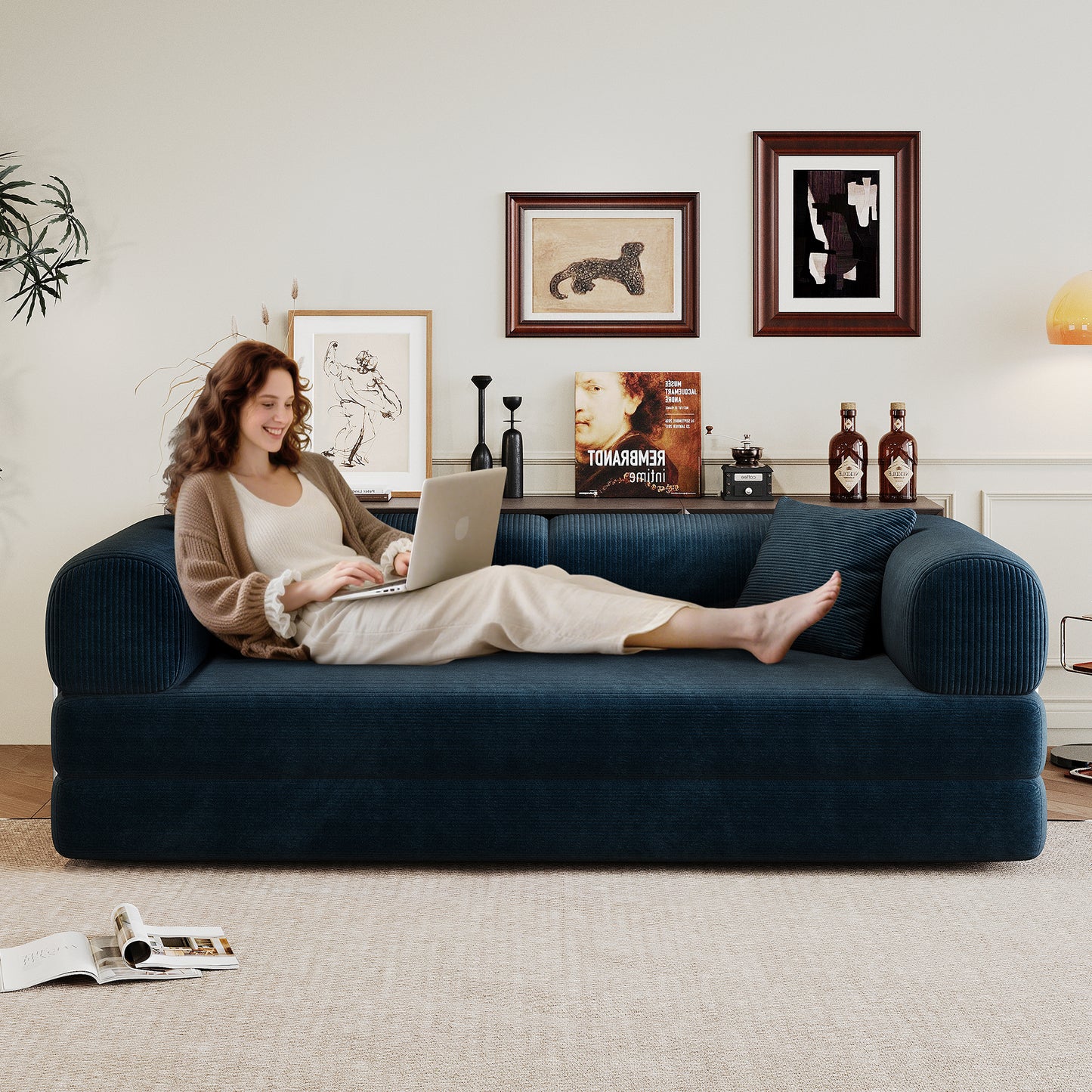78.8 Compression Sofa,Convertible Floor Sofa Bed-with Pillow Back Support Armrest,Comfy Futon Couch Sleeper Bed,Loveseats Boneless Modular Sectional Sofa,Corduroy Fabric,for Living Room,Bedroom,Blue