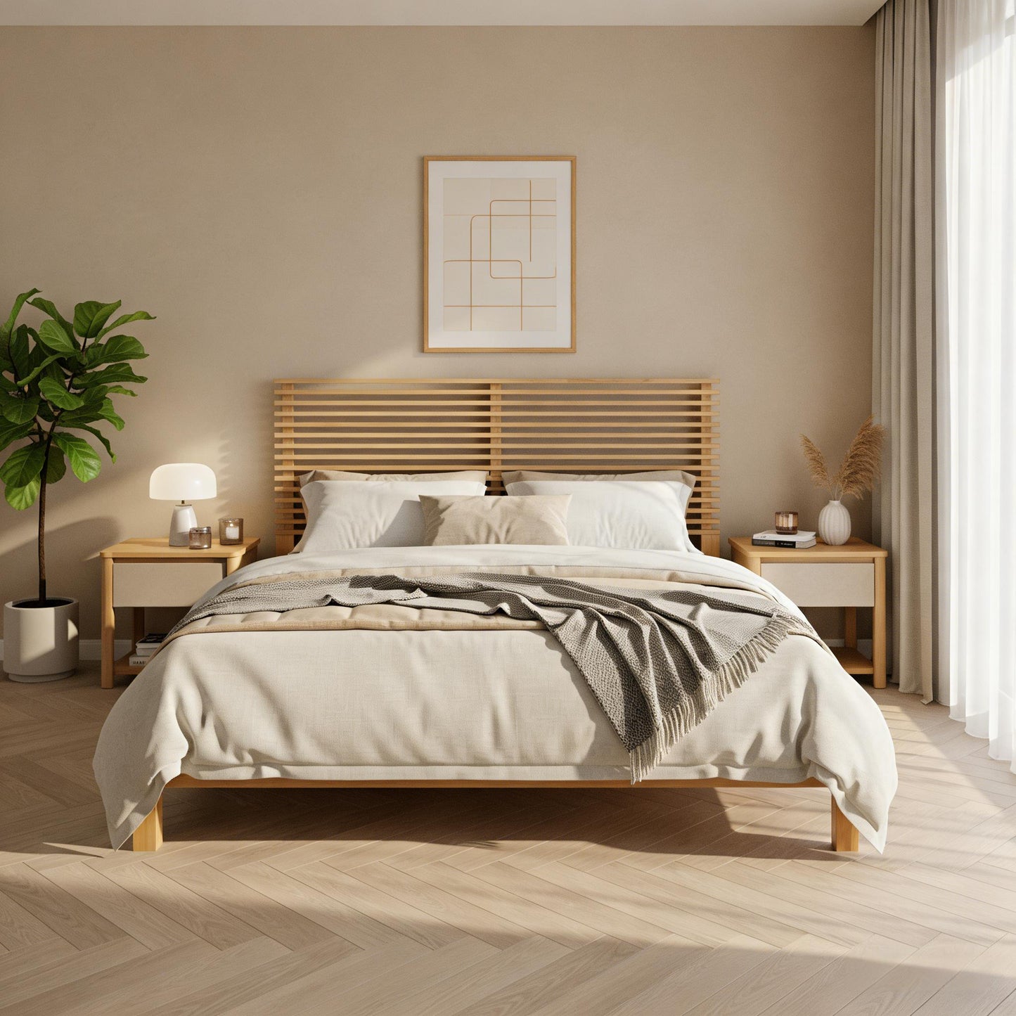 Premium Solid Wood Queen Size Platform Bed Frame With Horizontal Slat Headboard, Modern Natural Wood Bedroom Furniture, 600 Lbs Weight Capacity,No Box Spring Needed, Fits All Mattresses