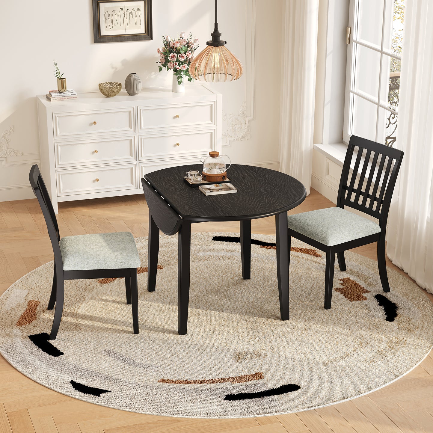 3-Piece Round Dining Table Set For 2 People, 1 Folding Wood Dining Table   2 Upholstered Chairs, Space-Saving Design For Small Apartments And Dining Areas - BLACK