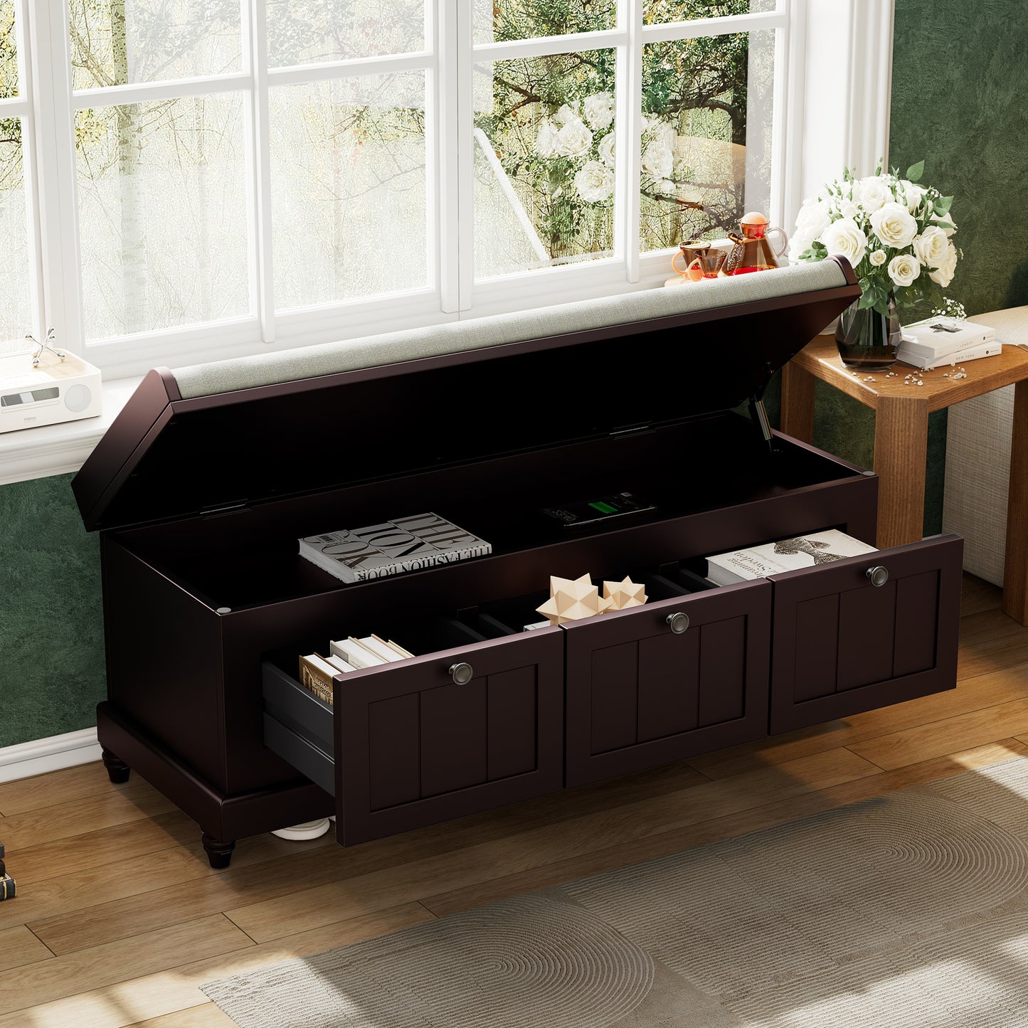 TREXM Classic Shoe Bench With Cushion And Three Drawers  Fluted Entryway Bench With Storage For Living Room  Entryway  And Hallways  Espresso  OLD