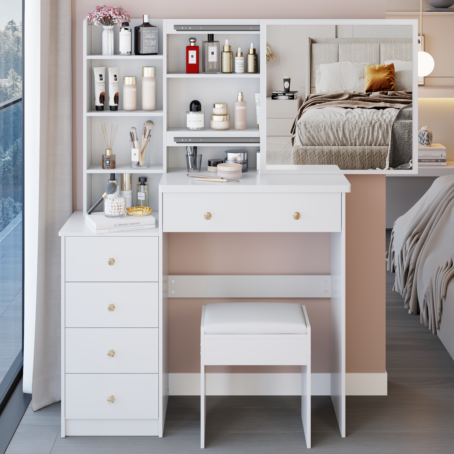 37 Middle Size Left Bedside Cabinet Vanity Table  Cushioned Stool, Extra Large Right Sliding Mirror, Multi Layer High Capacity Storage, Practical Fashionable Dresser, Suitable For Large Space