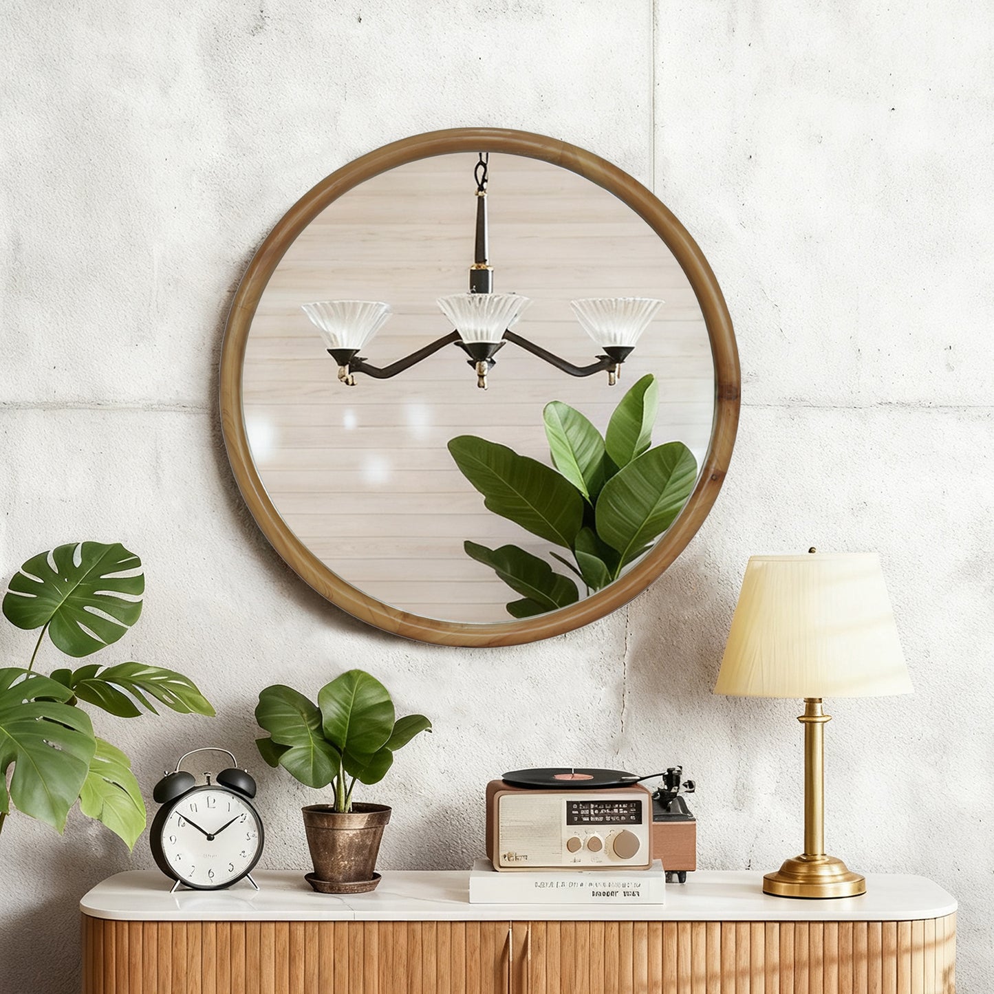 Round Wood Framed Wall Mirror, 27.56  Natural Wooden Circle Mirror For Bathroom, Bedroom, Entryway, Mid-Century Modern Decorative Mirror