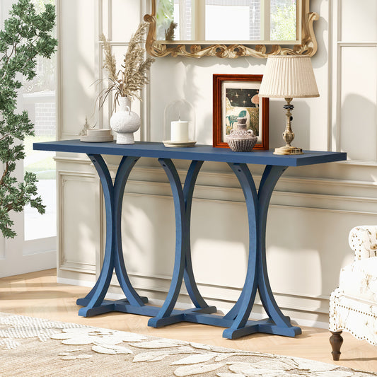 U- Style 59.8  Wooden Console Table With Oak Veneer Top Farmhouse Entryway Table With Rubber Wood Slender Curved Legs Perfect For Living Room Entryway Hallway  Dining Spaces.