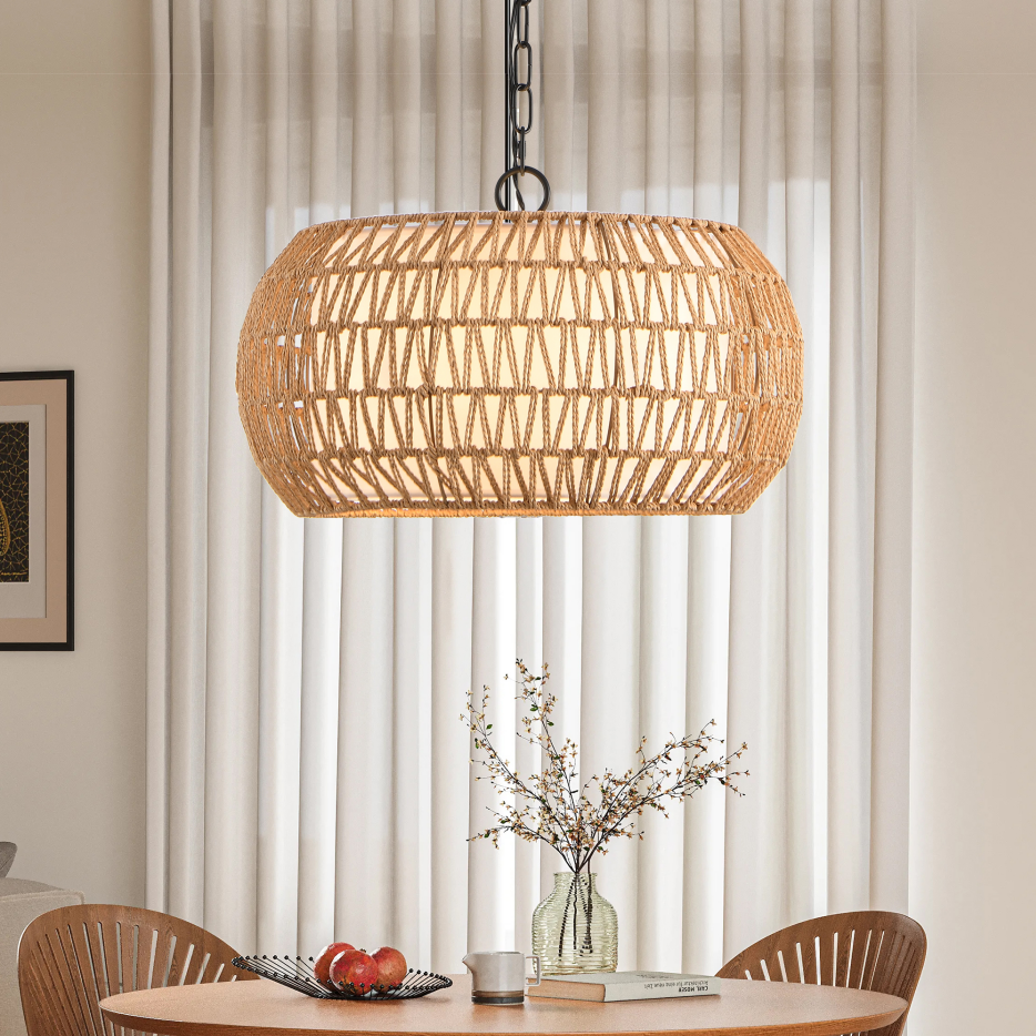 18inch Farmhouse Pendant Light With Adjustable Height, Boho Woven Jute Rope Hanging Ceiling Light Fixture, E26 Base, 60W Max, Compatible With Flat, Vaulted, And Sloped Ceil Bulb Not Included