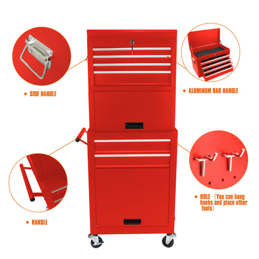 Tool Cabinet On Wheels, 6-Drawer Lockable Rolling Tool Chest W 4 Universal Wheels, 2 In 1 Detachable Tool Box Storage Organizer For Garage Workshop Repair Shop,RED
