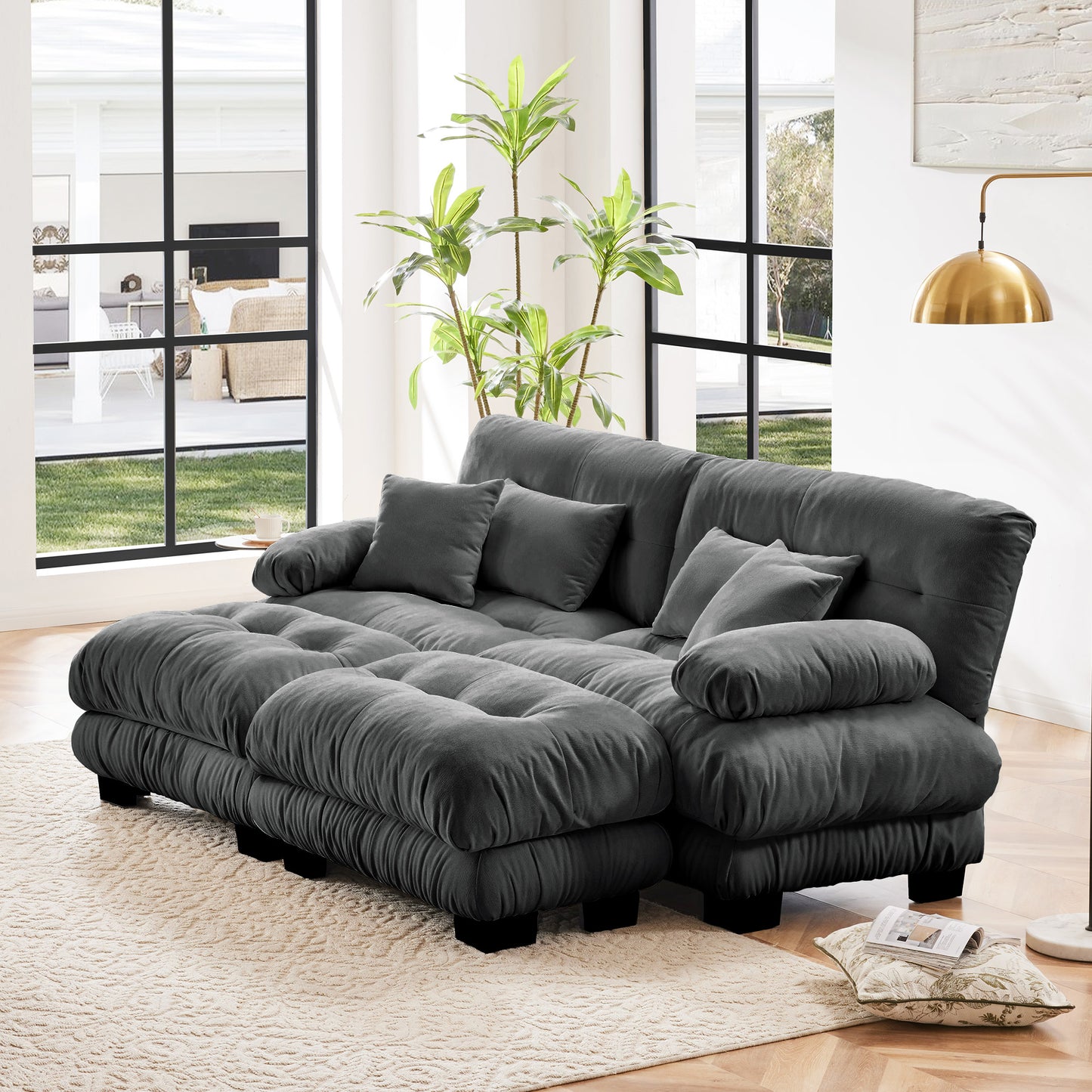 Cloud Couch Sleeper Sofa For Living Room, Chenille 2 Seater Sofa With 2 Lumbar Pillows And 2 Throw Pillows , Upholstered Wide Arm Sofa With 2 Ottomans,Chenille Gray