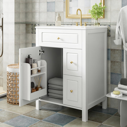24-Inch Bathroom Vanity With Ceramic Sink, 1 Soft Close Door, 2 Soft Close Drawers, And Double Storage Racks On The Door