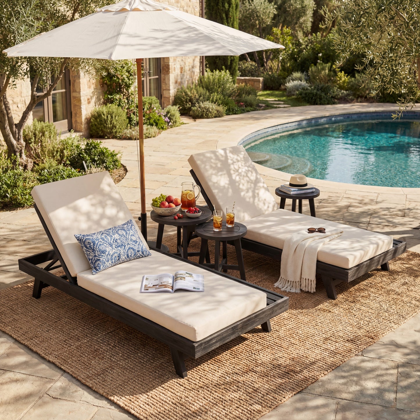 Lounge Chaise Set, Space Available On One Side, Acacia Wood In Black With Water-Resistant Lounge Cushions  Cream & 4 Inch Thick  -Matching Dark Grey Version Available