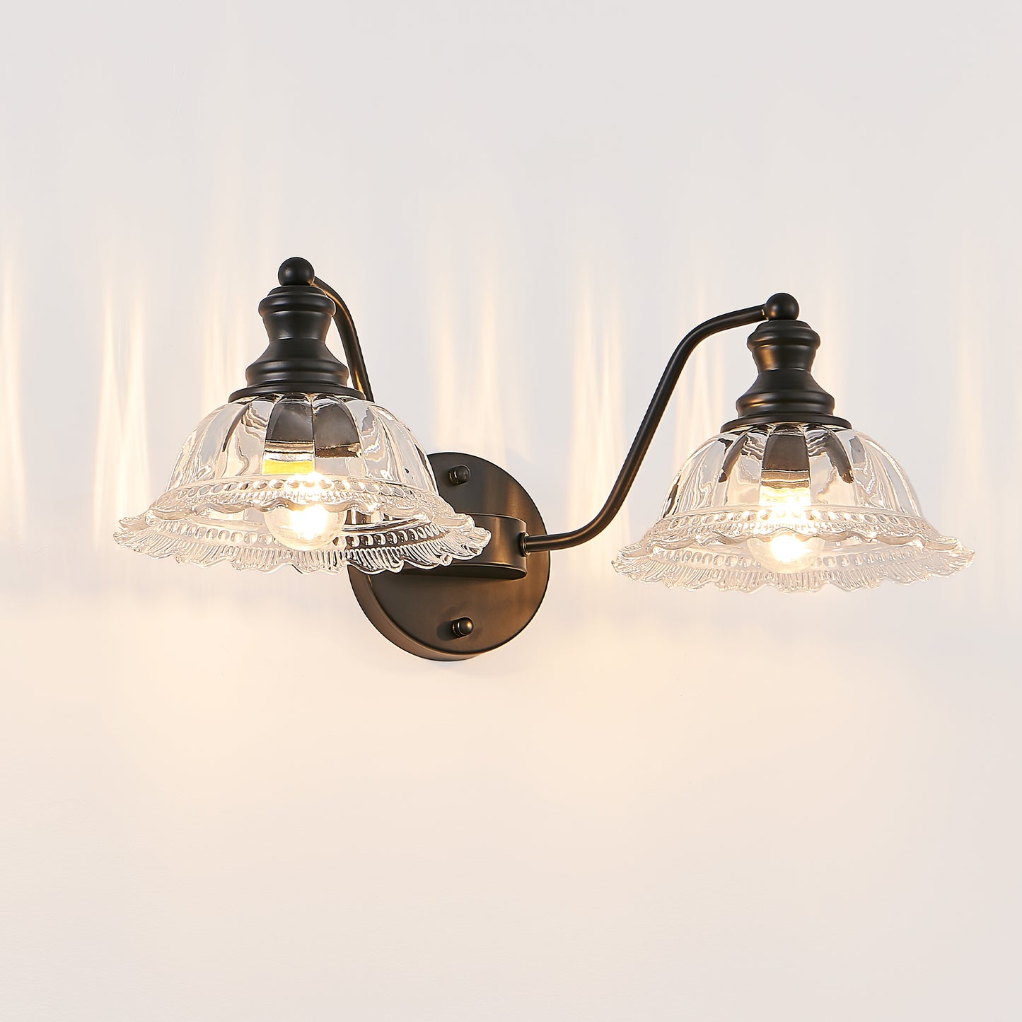 20 Inch 2-Light Vintage Bathroom Wall Sconce -- Elegant Black Metal And Glass Lampshade Vanity Light Fixture For Bathroom, Hallway, Or Bedroom  Bulb Not Included