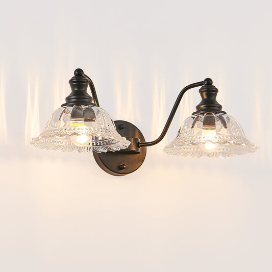 20 Inch 2-Light Vintage Bathroom Wall Sconce -- Elegant Black Metal And Glass Lampshade Vanity Light Fixture For Bathroom, Hallway, Or Bedroom  Bulb Not Included