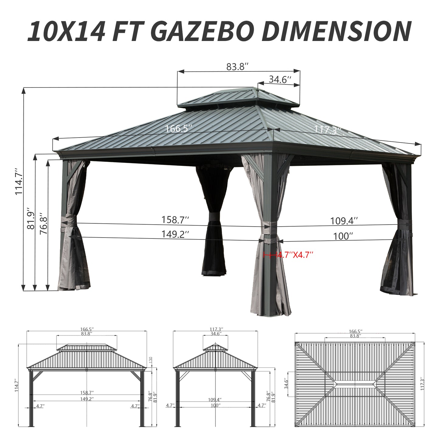 10  X 14  Hardtop Gazebo Permanent Outdoor Gazebo With Galvanized Steel Double Roof, Aluminum Frame, Curtains And Netting For Patio Lawn And Garden, Gray