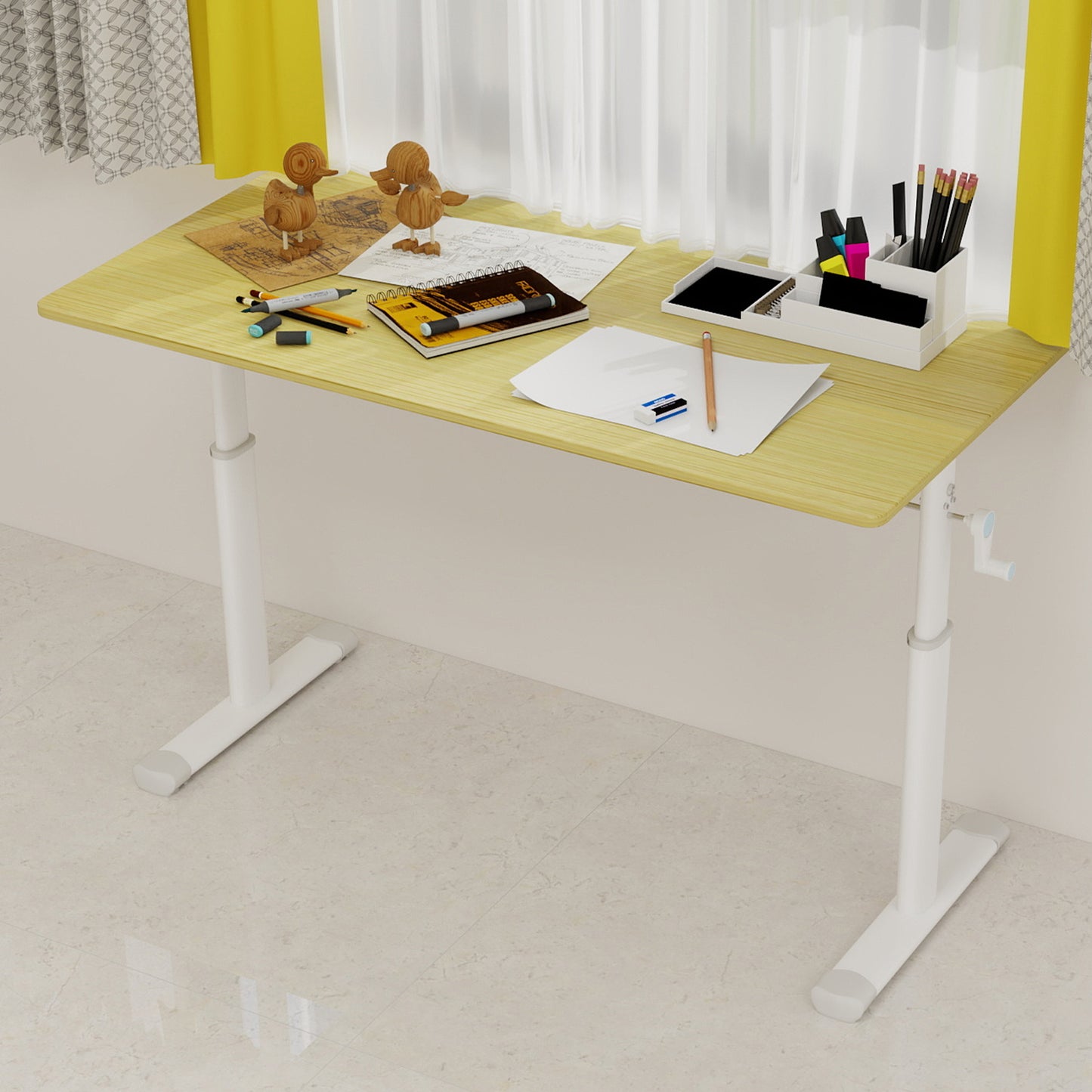 Adjustable Study Desk Suitable For Children And Adults, Height Adjustable, Multifunctional Home Office Desk, Compact Design, Desktop Dimensions  60cm X 120cm, White Frame, Natural Wood Colored Tableto