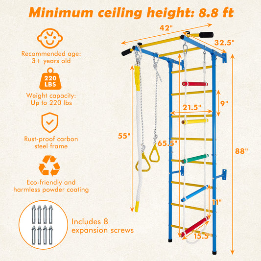 5 In 1 Playset Laddeer Wall Gym  With Rope Ladder, Pull-up Bar, Wall Ladder, Rope, And Gymnastic Rings