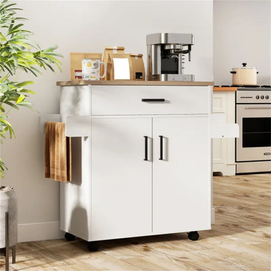 41.5" Rolling Kitchen Island Cart With Storage, White Kitchen Cart With Drawer & Cabinet, Spice Rack & Towel Holder
