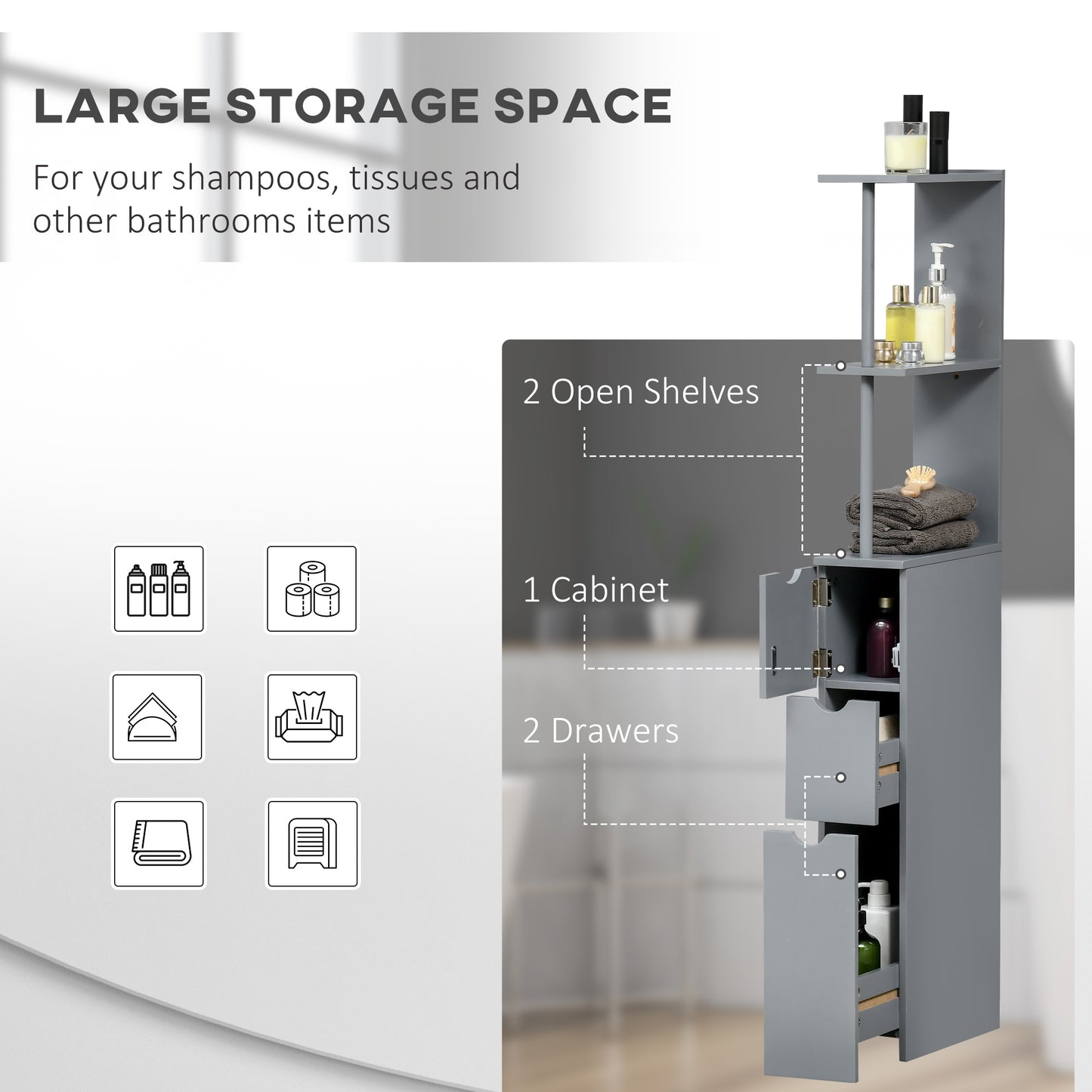 54" Tall Bathroom Storage Cabinet, Freestanding Linen Tower With 2-Tier Shelf And Drawers, Narrow Side Floor Organizer, Grey