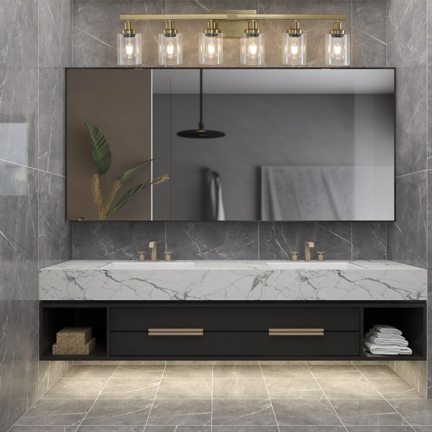 37  Golden 6-Light Vanity Light With Clear Glass Shades, Modern Iron Metal Bathroom Wall Fixture For Mirror, Ideal For Bathroom And Dressing Table -No Bulbs