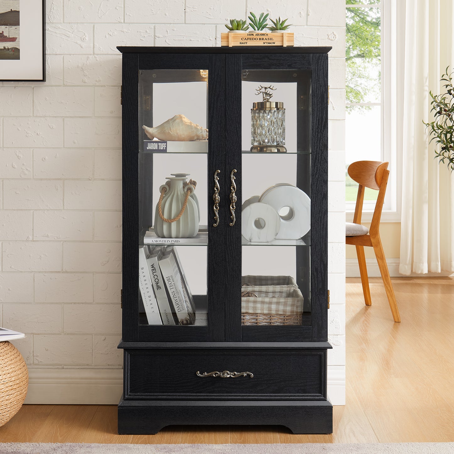 Lighted Glass Curio Cabinet With Adjustable Shelves - Elegant 2-Door Display Cabinet & Built-in Drawer, Includes Bulb - BLACK