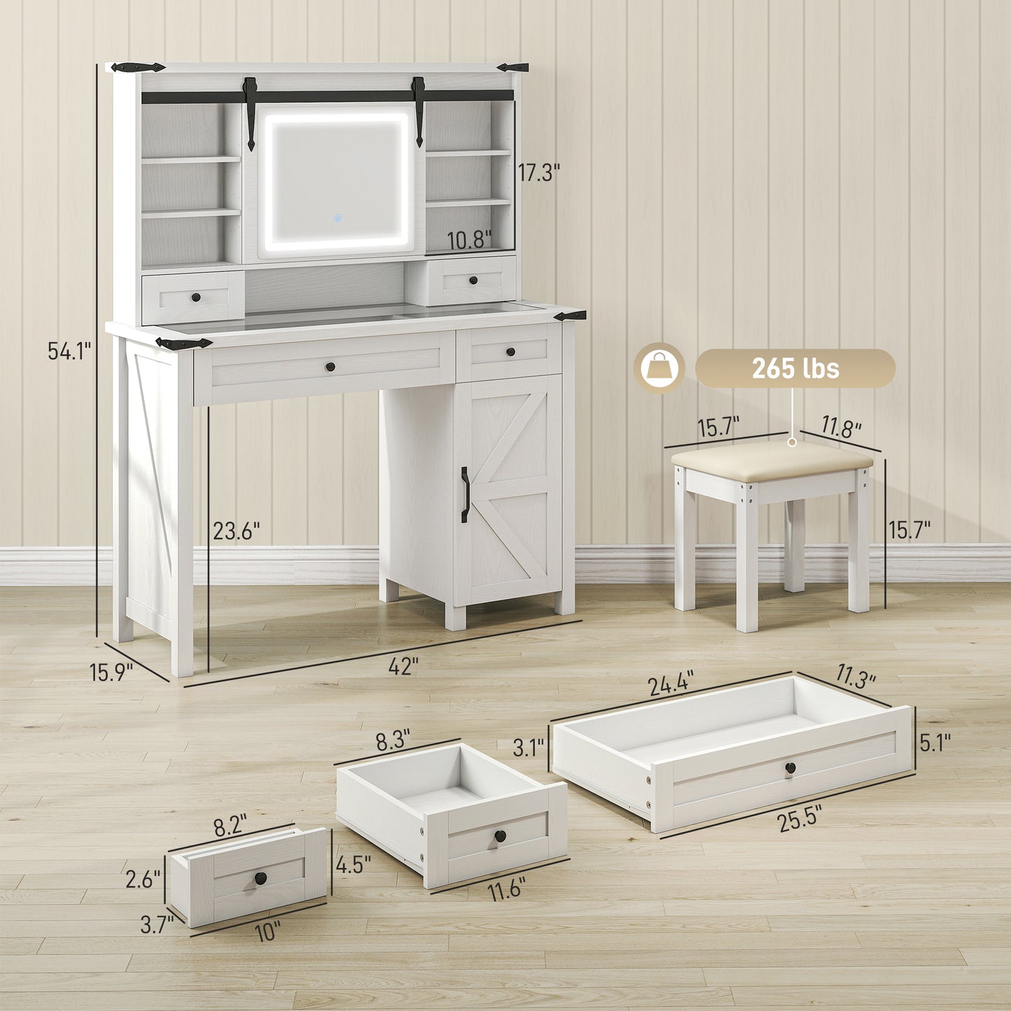 Vanity Desk Set With Mirror And Lights, Cushioned Stool, Storage Drawer, Cabinet, Shelves For Bedroom, White