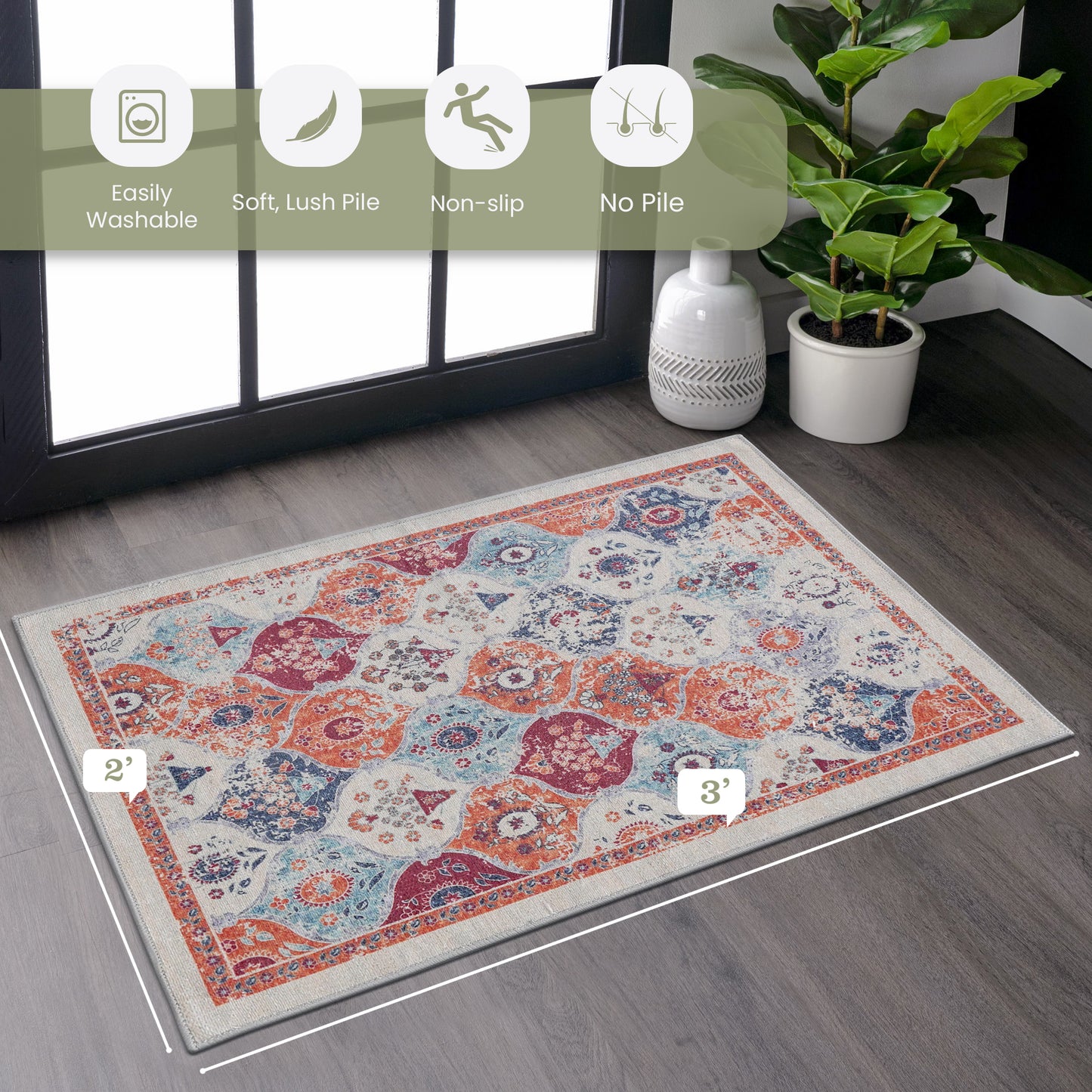 2x3 Cream Area Rug, Washable Area Rugs, Low-Pile, Non-Slip, Non-Shedding, Foldable, Kid&Pet Friendly, Area Rugs For Living Room, Bedroom, Kitchen, Dining Room Rug, Perfect Gifts,  Cream, 2' X 3'