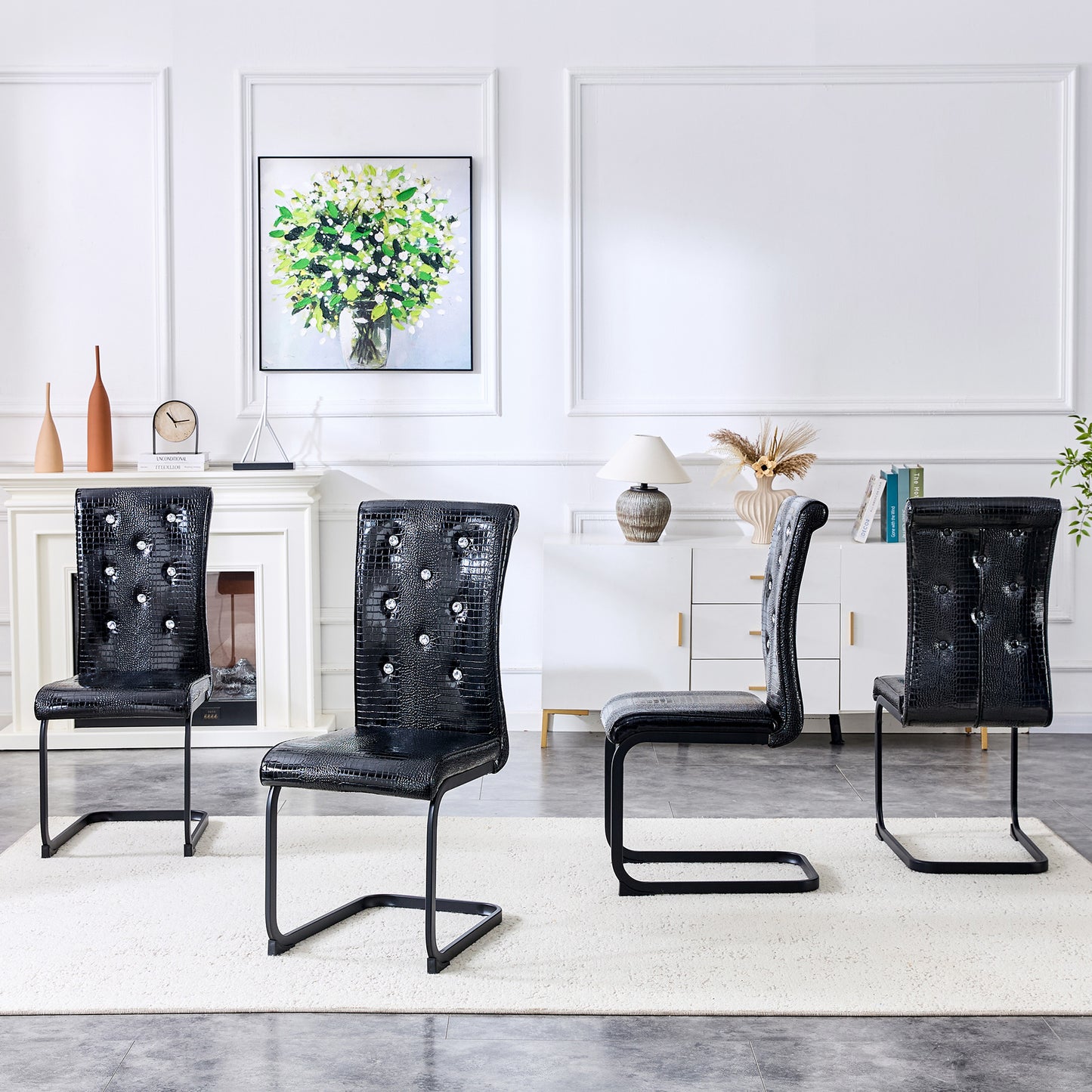 Set Of 4,Retro Alligator Skin Upholstered Dining Chairs,with Crystal Buckle Design And Faux Leather Design,a Touch Of Elegance And Mystery To The Dining Area,Black Spray-painted Metal Bow Leg