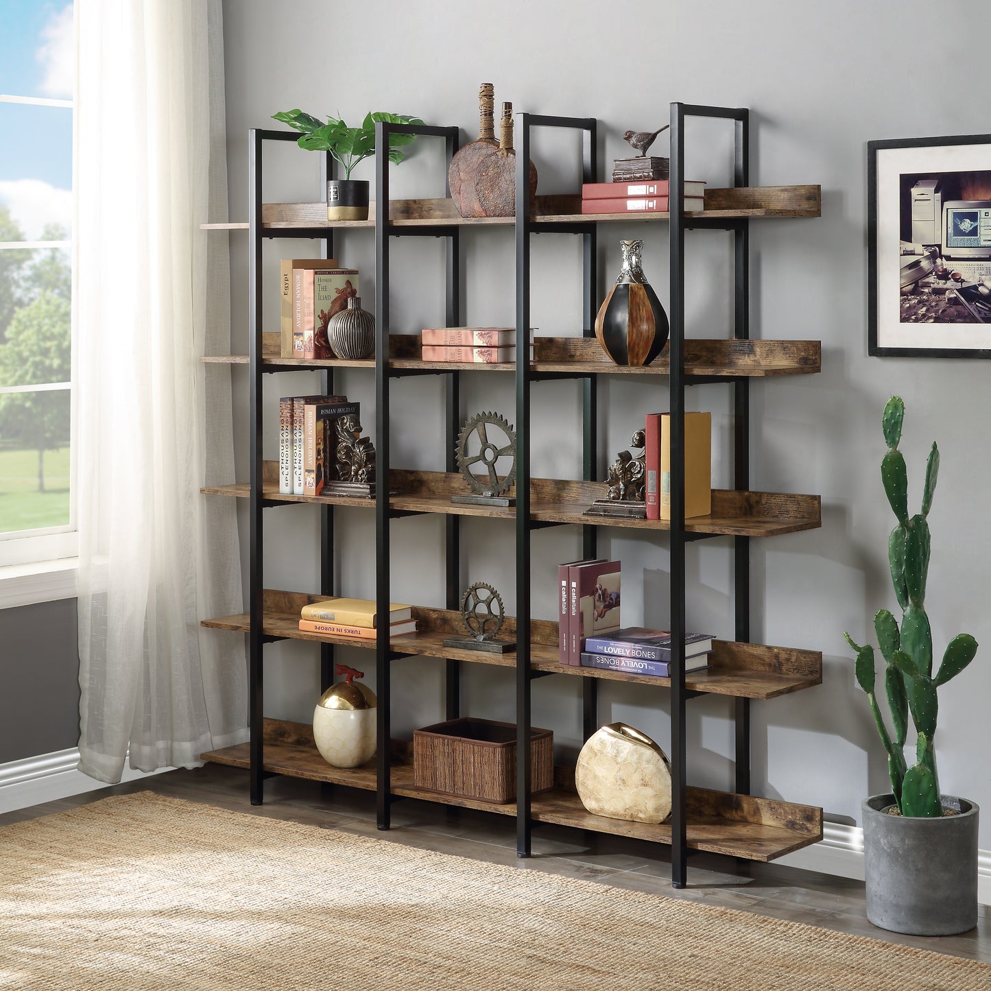 5 Tier Bookcase Home Office Open Bookshelf, Vintage Industrial Style Shelf With Metal Frame, MDF Board