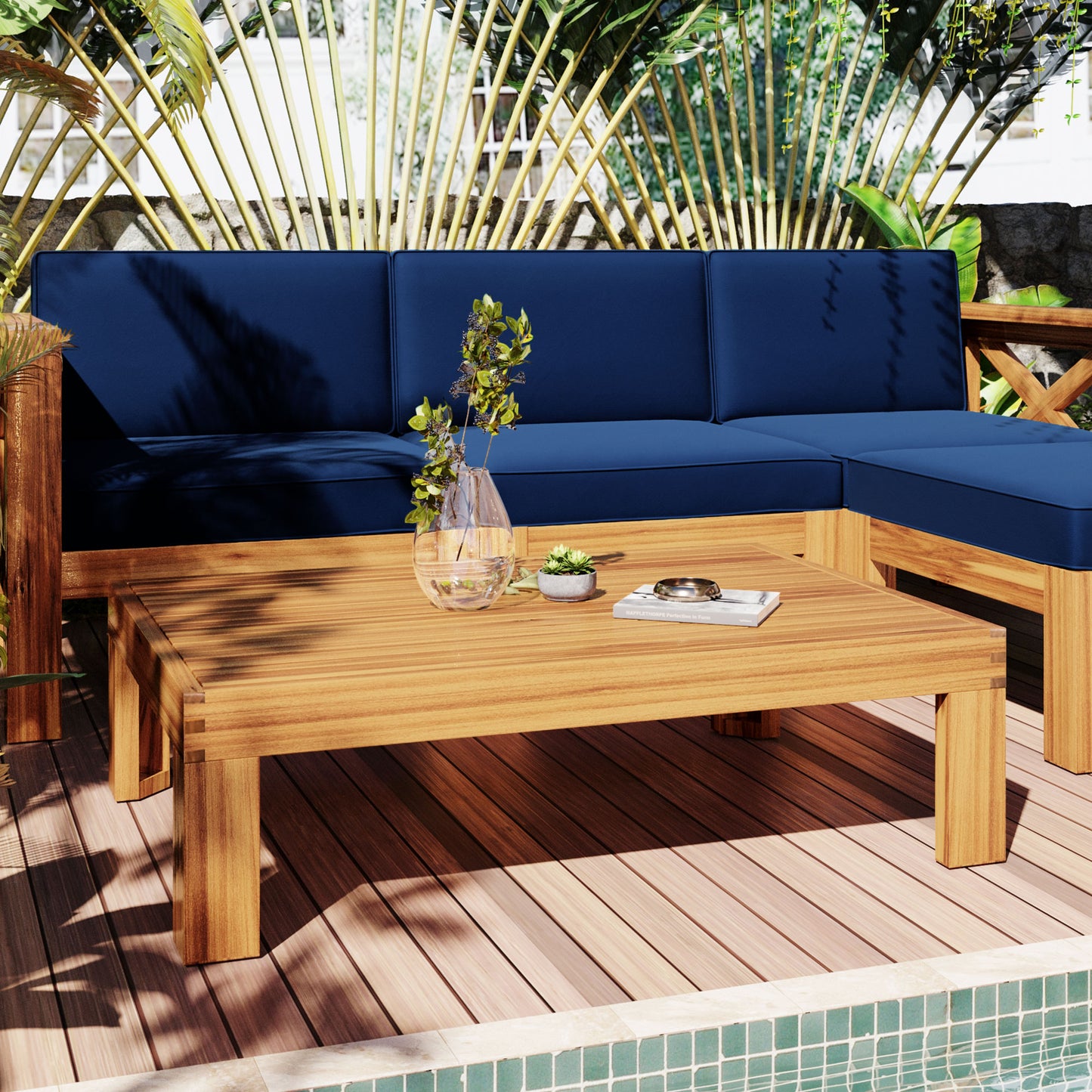 TOPMAX Outdoor  Patio Wood 5-Piece Sectional Sofa Seating Group Set With Cushions, Natural Finish  Blue Cushions