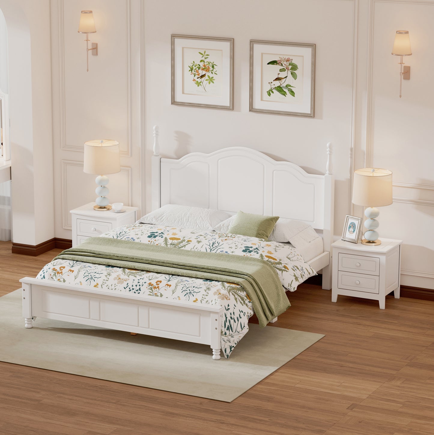 3-Pieces Bedroom Sets,Queen Size Wood Platform Bed  And Two Nightstands-White