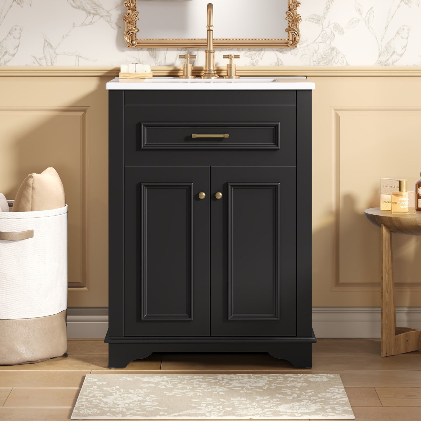 24 Bathroom Vanity With Integrated Ceramic Sink, Bathroom Cabinet With 2 Doors, 1 Tip-Out Drawer, Single Sink Bathroom Vanity For Small And Medium Restroom, Black
