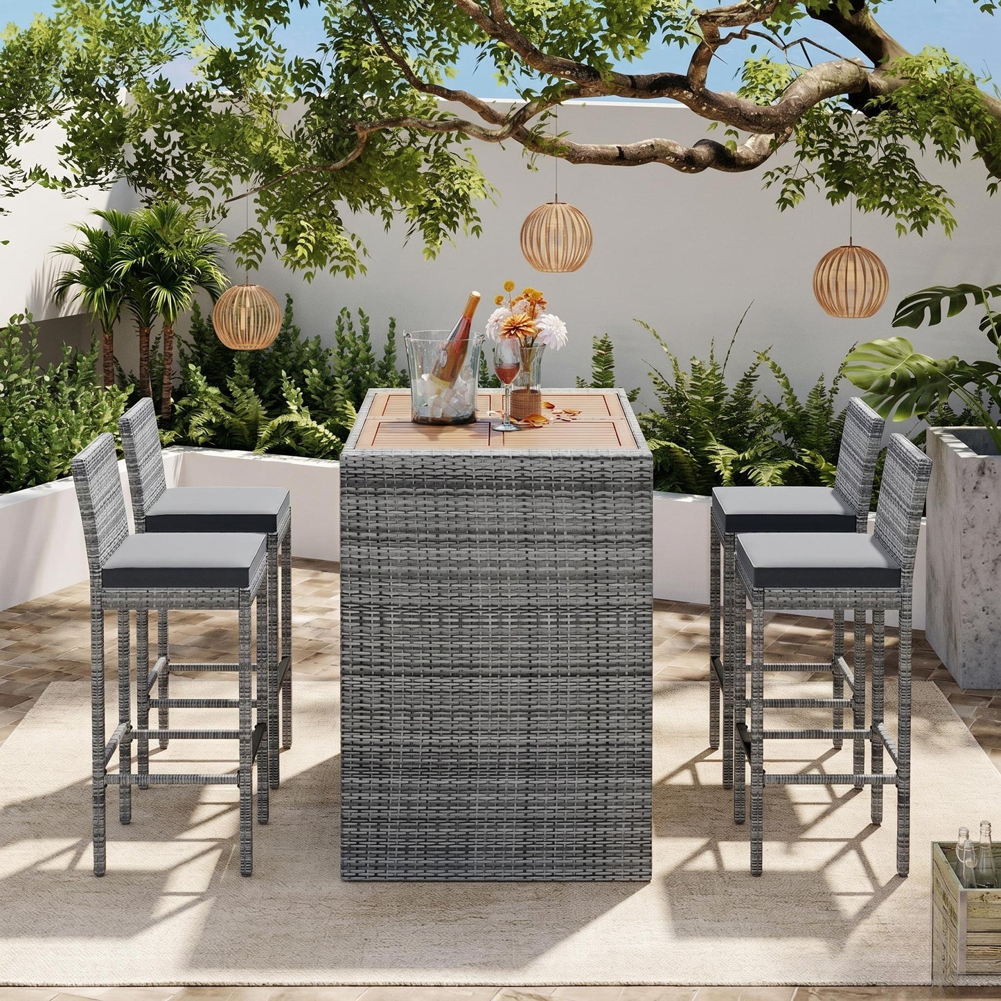 GO 5-pieces Outdoor Patio Wicker Bar Set, Bar Height Chairs With Non-Slip Feet And Fixed Rope, Removable Cushion, Acacia Wood Table Top, Brown Wood And Gray Wicker