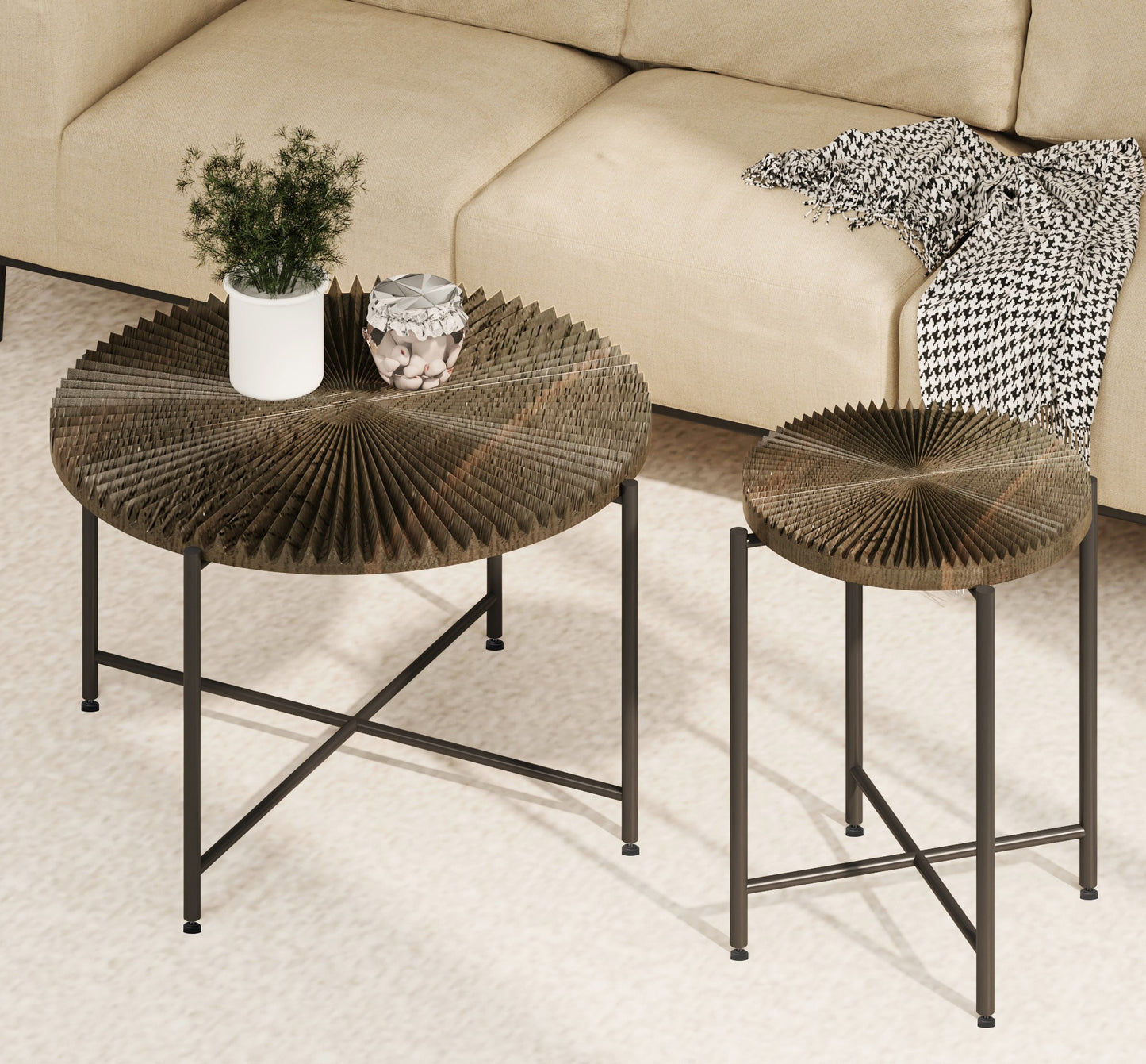 Radial Pattern 2-Piece Coffee And End Table Set -Waterproof MDF With PVC Cover, Distressed Cylindrical Design, Black Metal Legs -Classic Rustic Charm, Dark Walnut