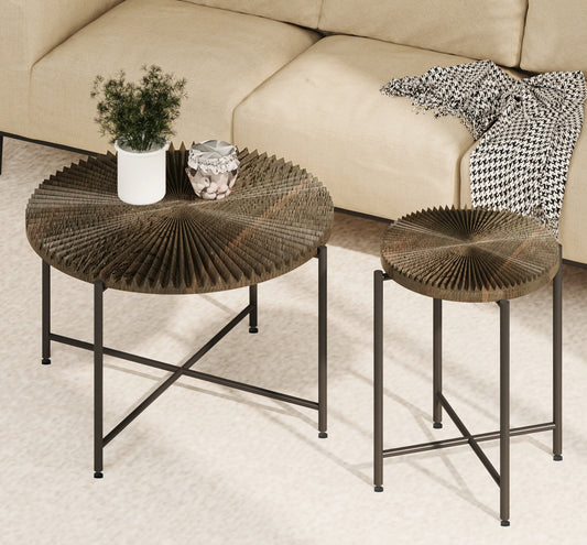 Radial Pattern 2-Piece Coffee And End Table Set -Waterproof MDF With PVC Cover, Distressed Cylindrical Design, Black Metal Legs -Classic Rustic Charm, Dark Walnut